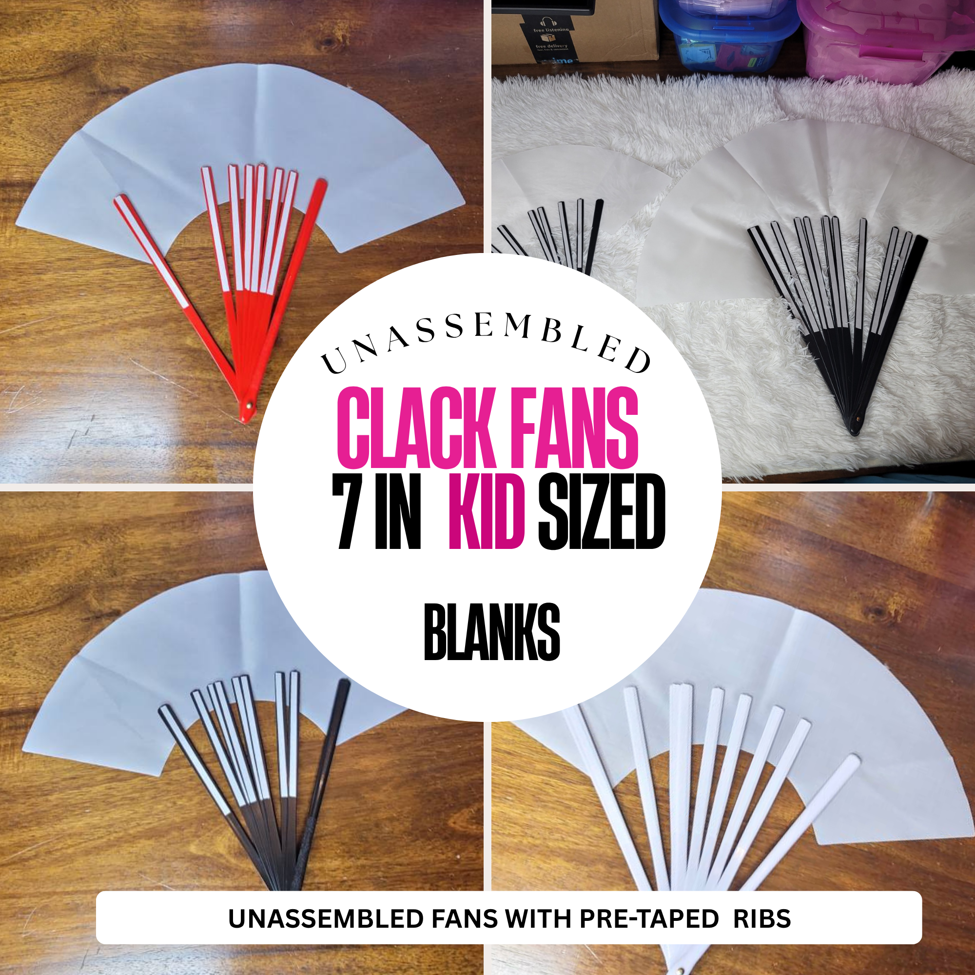 7IN UNASSEMBLED KID SIZE FAN BLANKS + WHITE FABRIC + Pre-Taped Handles - BrandingStudio314