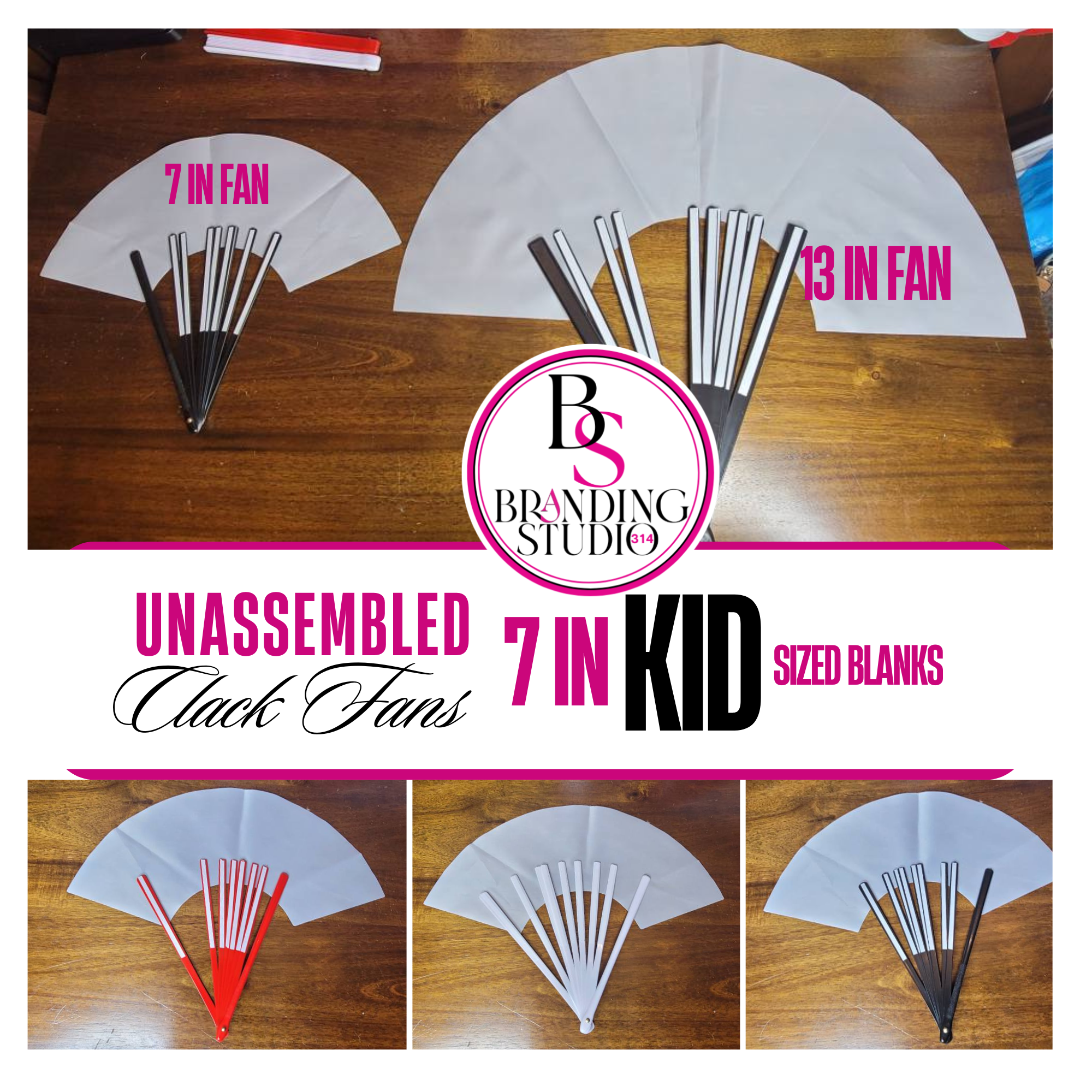 7IN UNASSEMBLED KID SIZE FAN BLANKS + WHITE FABRIC + Pre-Taped Handles - BrandingStudio314